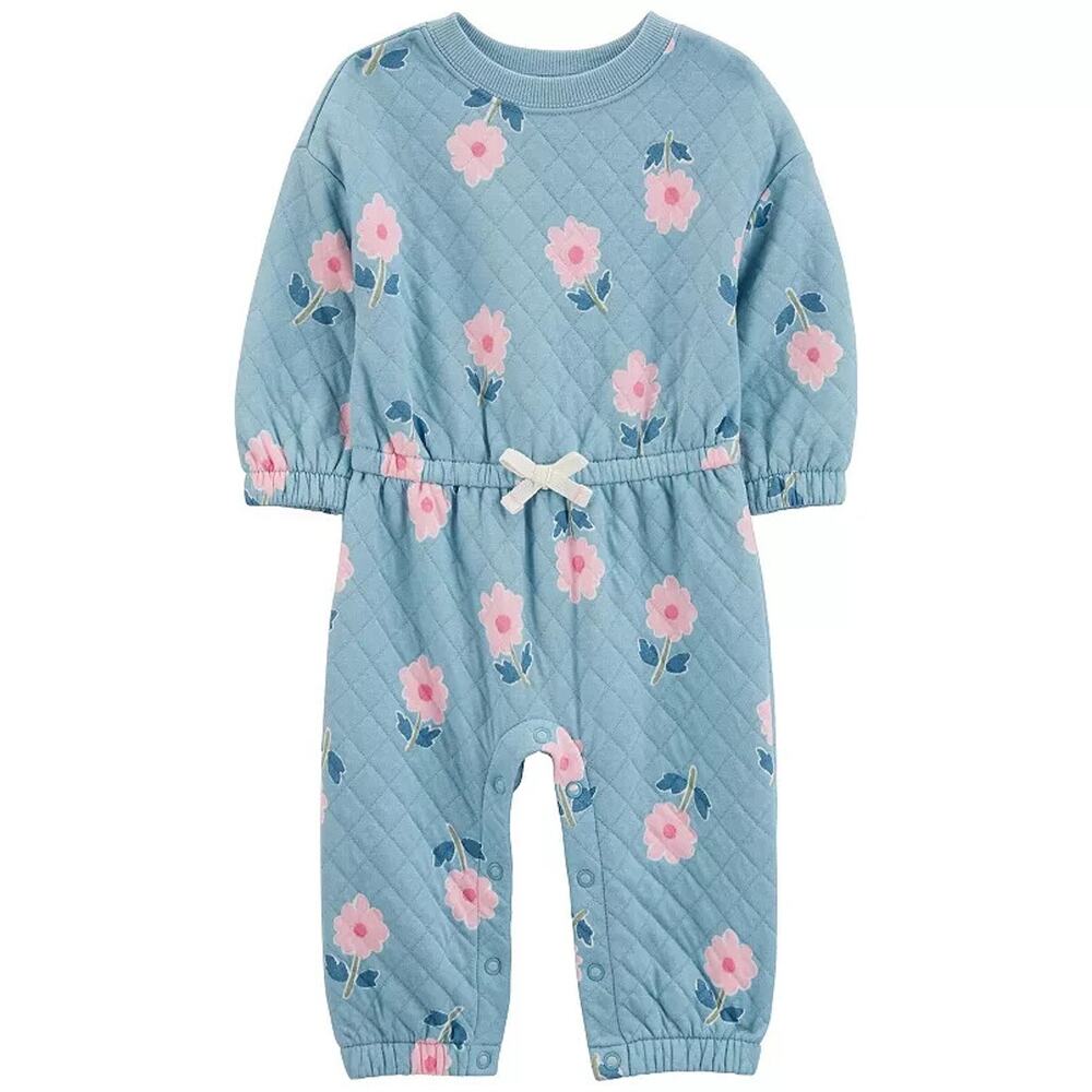 Carter's Quilted Floral Romper Baby Girl Blue Long Sleeve Snap One Piece NWT 9M